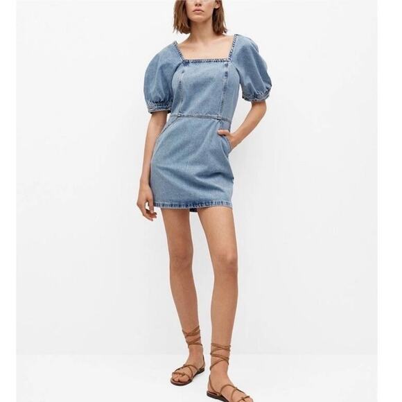 MNG Mango‎ Puff Sleeve Denim Jean Mini Dress Square Neckline 6 - Picture 1 of 7
